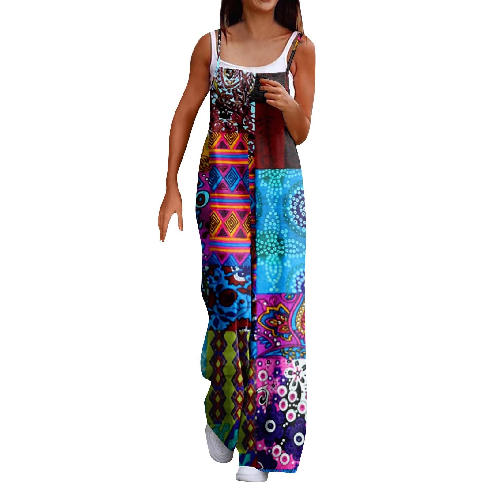 

Широкий комбинезон для женщин, повседневный свободный комбинезон без рукавов с принтом и пуговицами, длинные брюки, комбинезон с карманами L