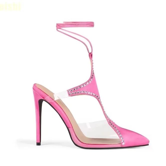2025 Summer New Women Sandals Pink Satin Clear Pvc Crystal Bling Bling Thin High Heels Slingback Ankle Strap Sandals