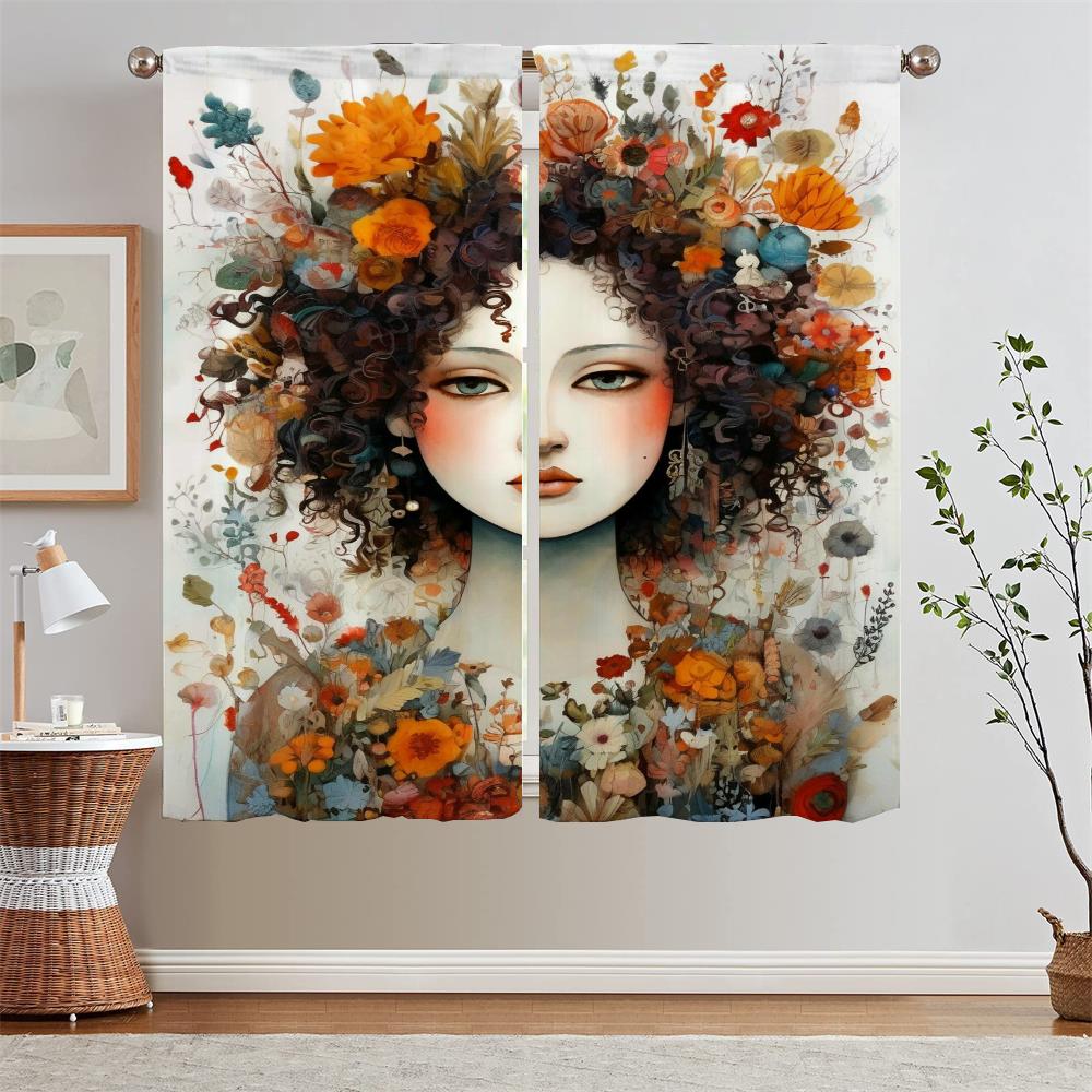 Modern Home Decoration Woman Portrait Short Window Curtains for Doors Children's Room Curtains for Living Room 2 Elegant Pieces