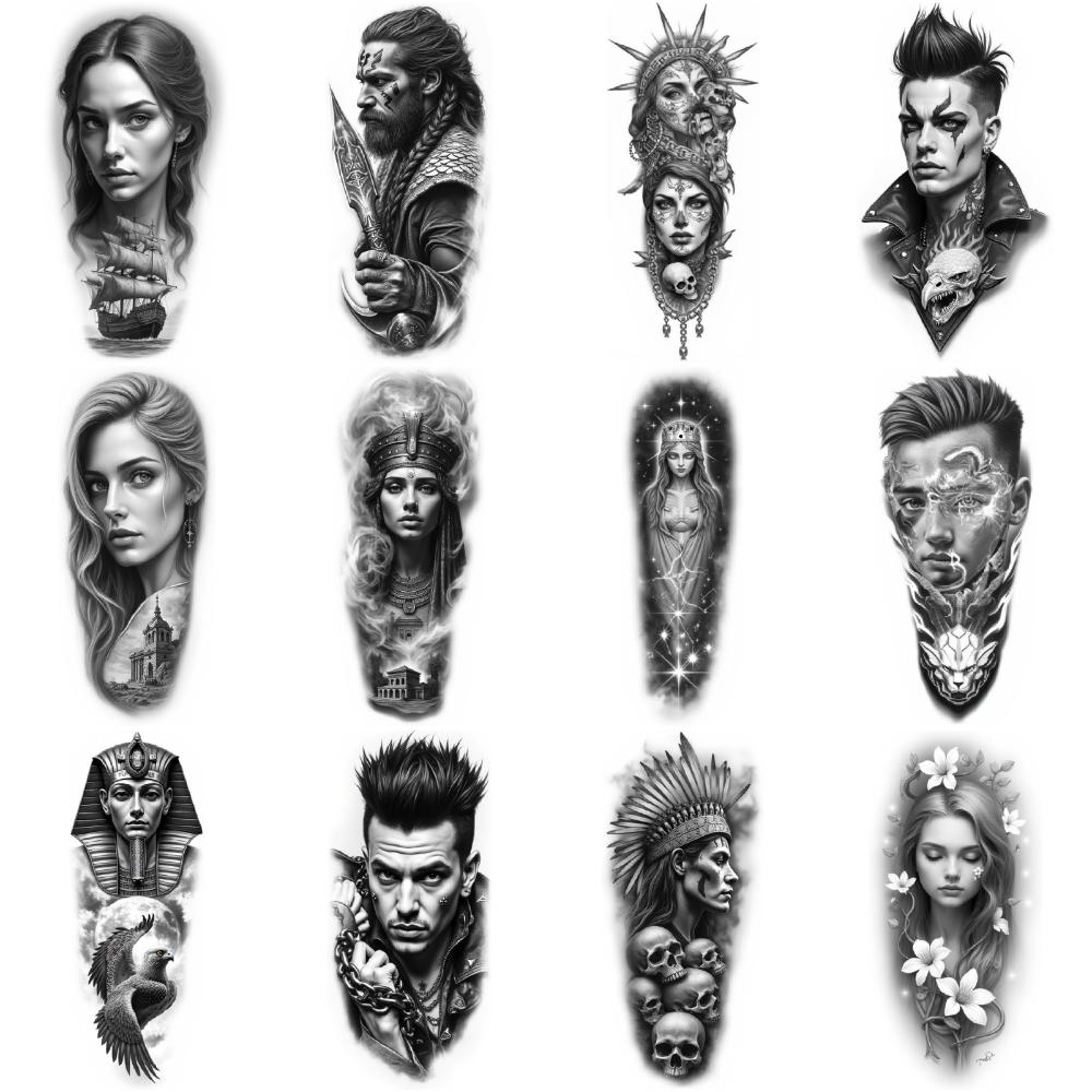 12 Stück Temporäre Tattoos Schwarz Grau Realismus Kleopatra Frau Indianerhäuptling Für Frauen Männer Oberschenkel