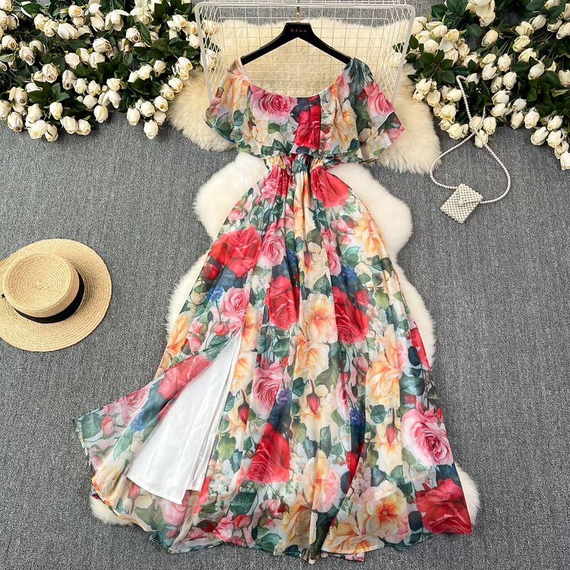 French Style Retro Print Tea Dress Women's Summer Gentle Waist Slim Looking Temperamental Fairy Ruffles Chiffon Dress