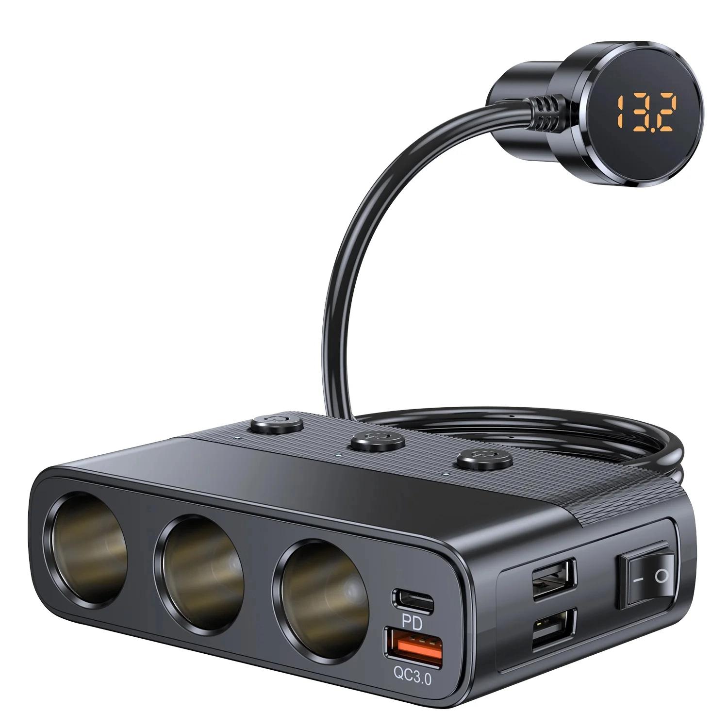 

New 127w 7-in-1 Car Charger Splitter PD30w QC3.0 cigarette Lighter Adapter Car Cigarette Lighter Socket Splitter with Switch