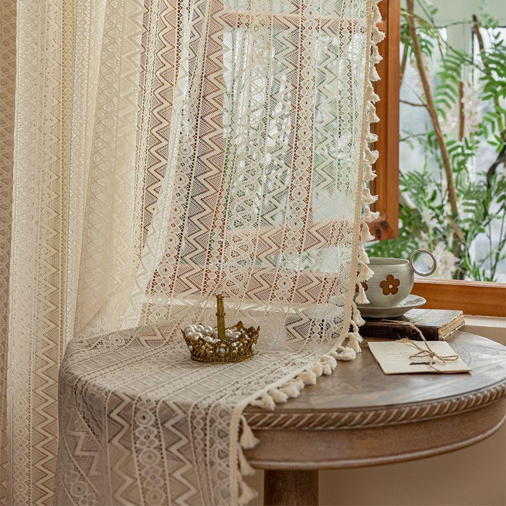 Boho Style Voile Tulle Curtains 140m Tassels Curtain Lace Window Screening Home Decor