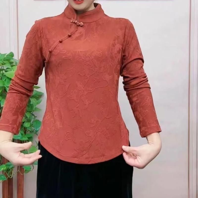 Ny etnisk stil Ny kinesisk mode Temperament Jacquard Retro Ståkrage Nedre knapp Långärmad topp
