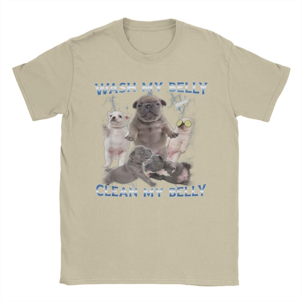 Pibble Dog Wash Clean My Belly Funny Meme T-Shirts Men Round Collar Pure Cotton T Shirt  Short Sleeve Tees Plus Size Clothing