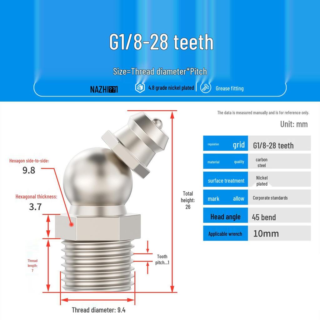 Nickel-Plated Iron Bent Grease Nipple Grease Gun Head M6-M14 G1/8