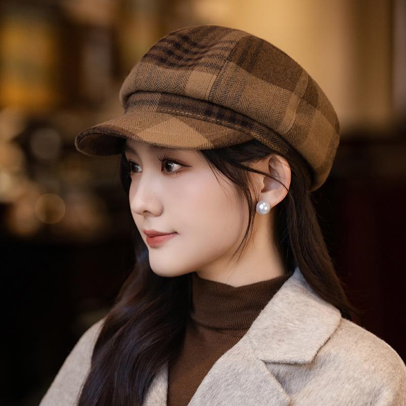 British Style Retro Plaid Bere Hat for Women In Autumn and Winter New Casual Versatile Painter Hat Windproof Warm Newspaper Boy Hat