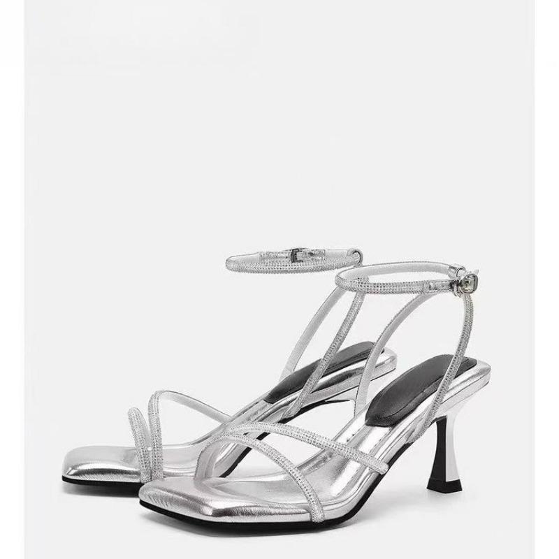 

Fashion 2025 Summer Women s Sandals New Open Toe High-heeled Sandal Shoes With Buckle Simple Elegant Stiletto Heel Pump 35 серебряный