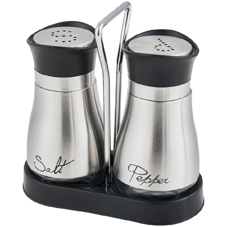 Утолщенная стеклянная емкость для соли и перца с гравированными крышками и нескользящим основанием для организации столешницы на кухне серебряный