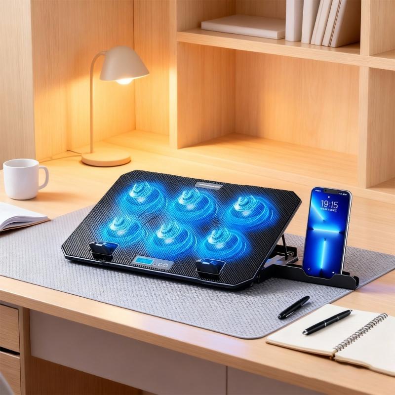 6 Quiet Fan Laptop Cooling Lighting Adjustable Foldable Laptop Cooling Pad LED Light Fan with 2 USB Port Phone Holder