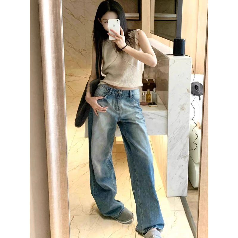 

145 Small Long American Retro Washed Blue Denim Female Baggy Straight Trousers Mop Wide-Leg Pants Blue pants 156-165 XL