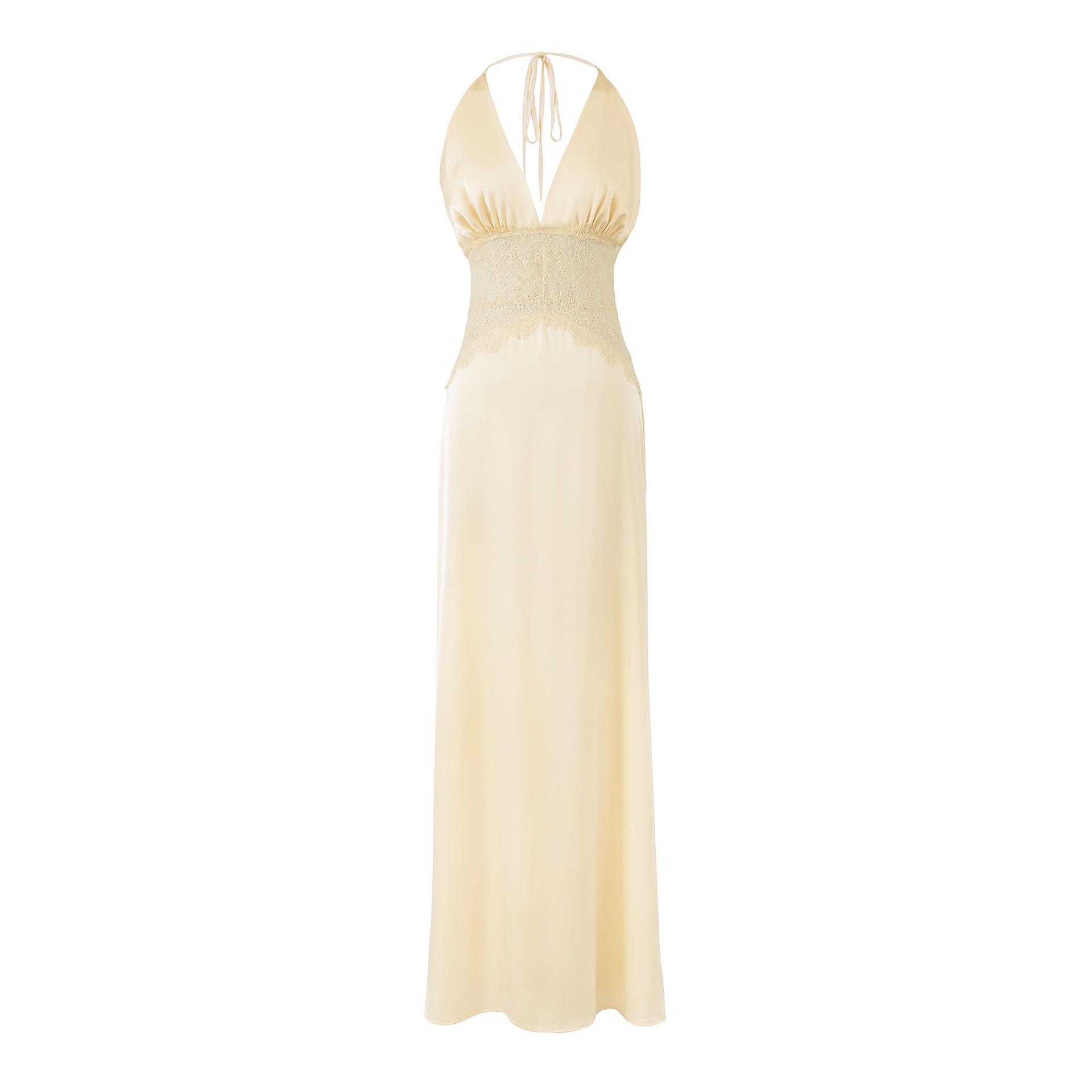 2026 Chic Sweet Lace Patchwork Backless Halter Slim-Fit Evening Gown with Deep V-Neck Medium жёлтый