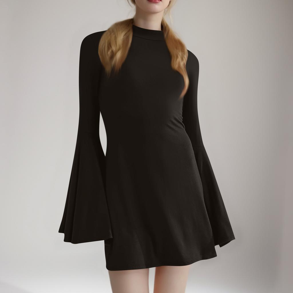 Einfarbige Kleider für Damen im Herbst und Winter mit langen Ärmeln, ausgestellten Ärmeln und Rundhalsausschnitt