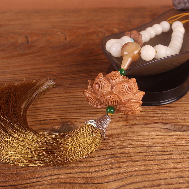 Natural White Jade & Peach Wood Lotus Pendant for Rearview Mirror