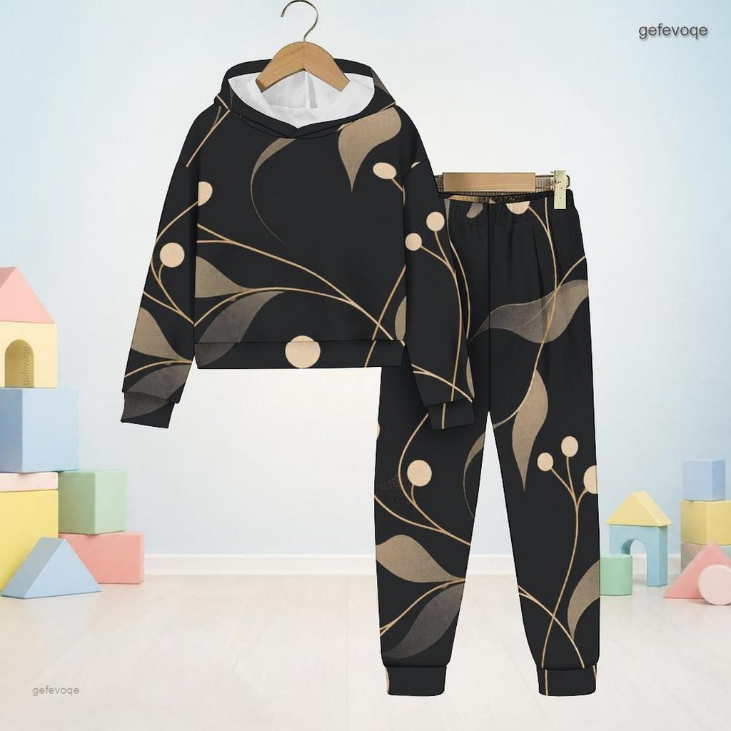 Unisex Kids Printed Black Hooded Long Sleeve Sweatshirt Cuffed Pants Two Piece Set
