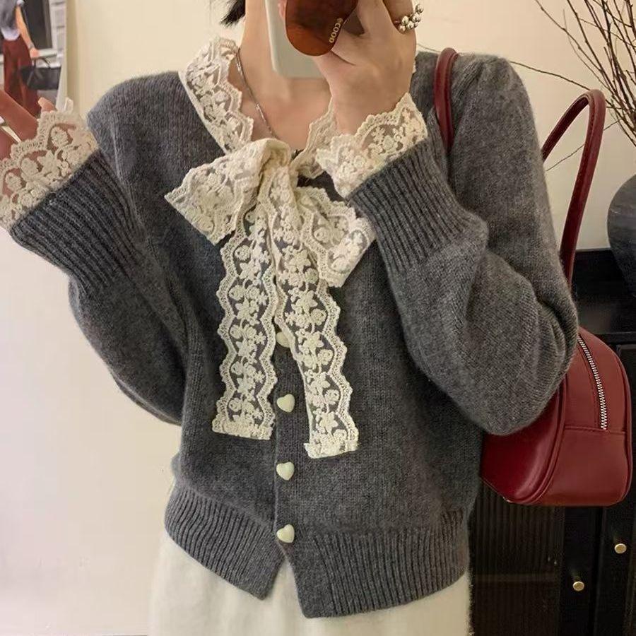 100Kg large size lace bow knitted cardigan jacket fat mm small fragrant style covering meat and showing thin sweater women