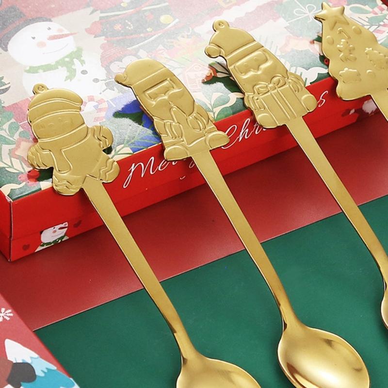 4Pcs Stainless Steel Christmas Coffee Spoons Christmas Trees Santa Tea Spoon Gingerbreads Man Dessert Drink Mixing Spoon