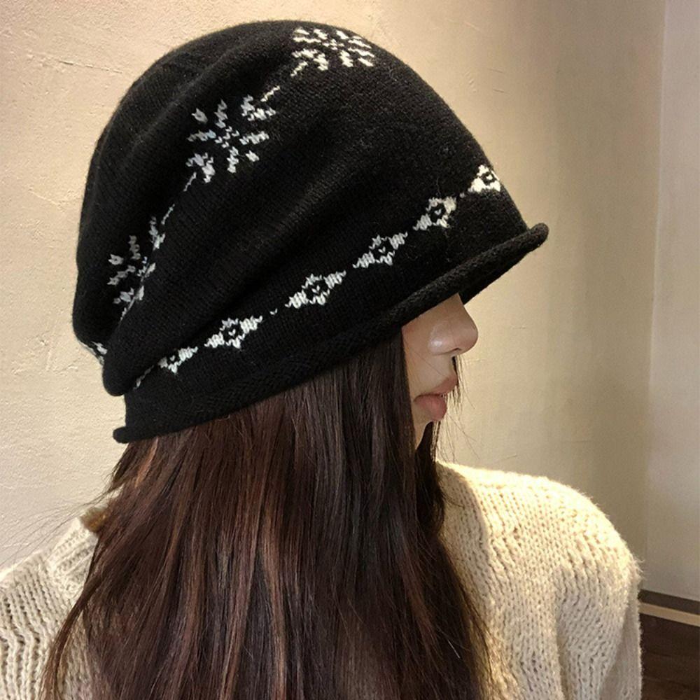 Printed Jacquard Knitted Hat Warm Printing Knit Cap Retro Ear Protection Hat  Autumn