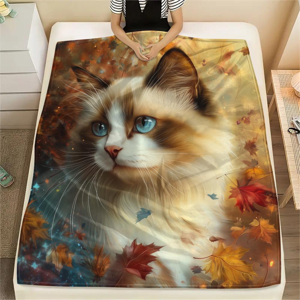 Maple Leaf Cat Print Flannel Blanket, High quality Comfortable for All Seasons, Home Decor, Warmth and Comfort 80cm x 120cm