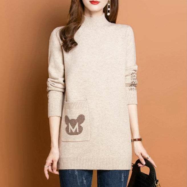 Half Turtleneck Sweater Mid-length Pullover for Women Solid-color Loose Sweater Jacquard Knitted Sweater Top
