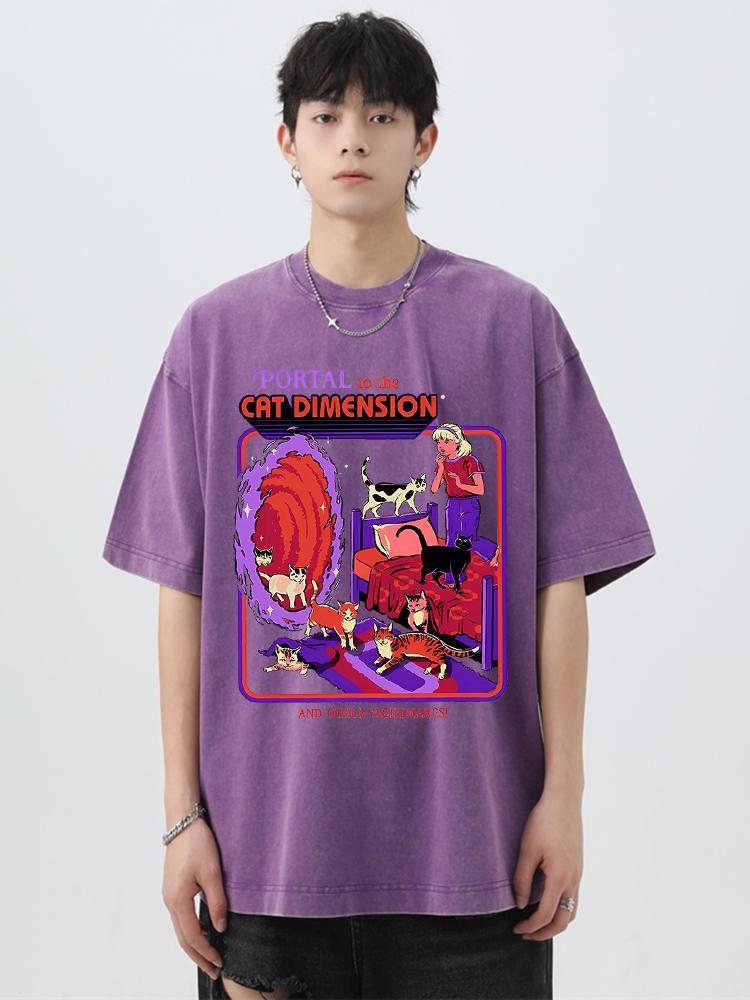 Portal To The Cat Dimension Print Washed Retro Men Tshirt Summer Loose Cotton T Shirt Breathable Clothes Oversize Casual Tees