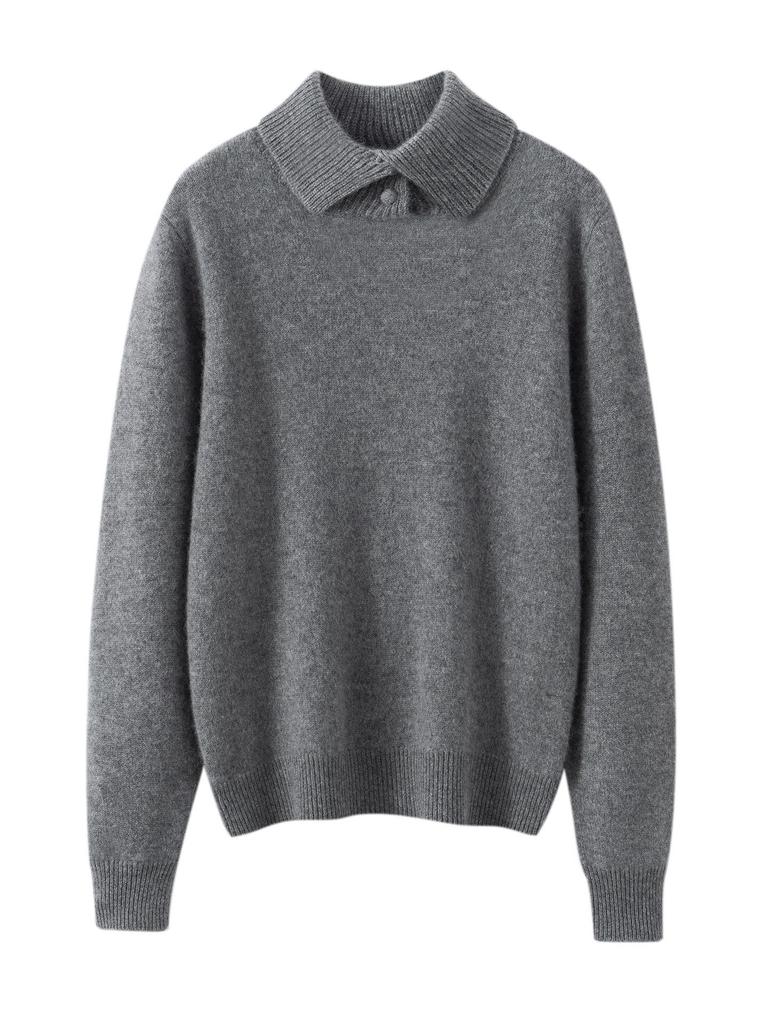 Women's Solid Color Cashmere Sweater: Lapel Buckle, Loose Fit, Thick Knit for Autumn/Winter 2026.