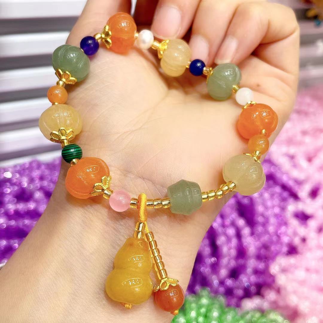 

Новый браслет из нефрита, золота, шелка, нефрита, темпераментный браслет из тыквенных бусин, браслет унисекс