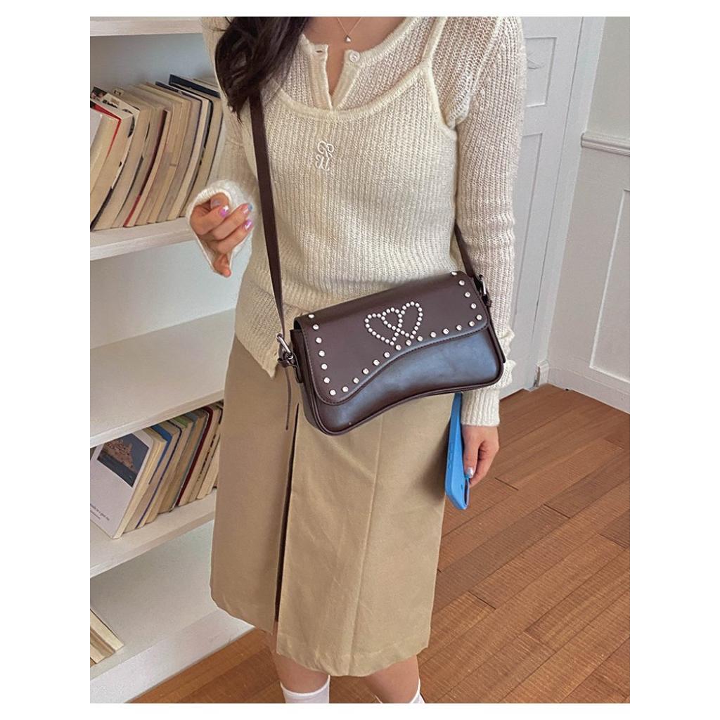 Crossbody Bag Women PU Studded Heart Decoration Daily Commute