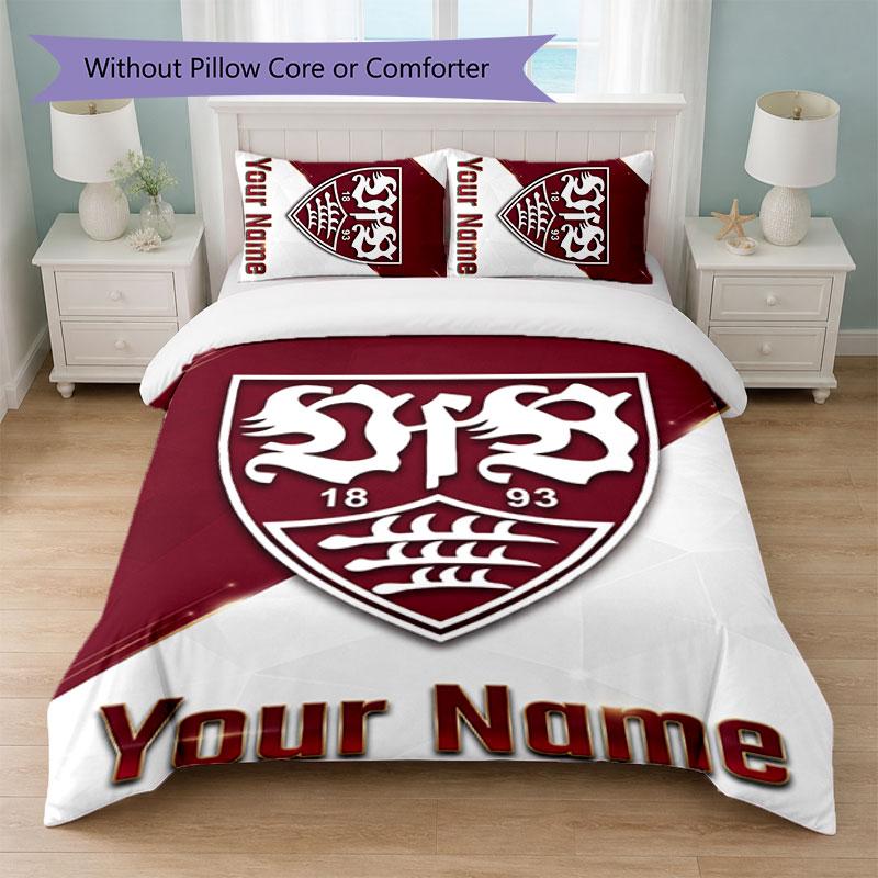 Set Biancheria da Letto Personalizzato VfB Stuttgart FC con Nome Testo 1 Copripiumino+2 Federe Logo Calcio Regalo Personalizzato per Occasioni Speciali Decorazione Camera da Letto