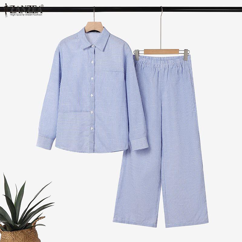 

ZANZEA Женская блузка с длинным рукавом и брюки повседневный комплект из двух частей S синий