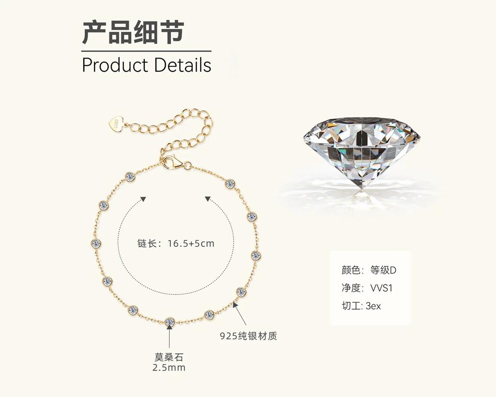 4MM 2.4cttw Round Bubble Moissanite Bezel Bracelet For Women 925 Silver Diamond Hand Chain Rhodium Plated Jewelry