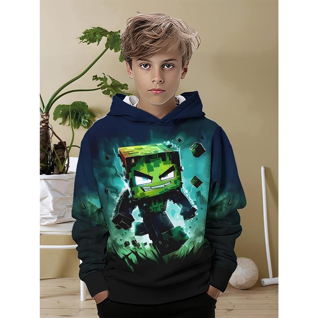 Boys' Minimalist Printed Hoodie, Fashionable All Season Casual Round Neck Long Sleeved Pullover Sweatshirt