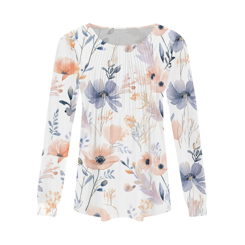 Women's Fashion Casual Pleated Round Neck Vintage Floral Print Long Sleeve T,Shirt Top