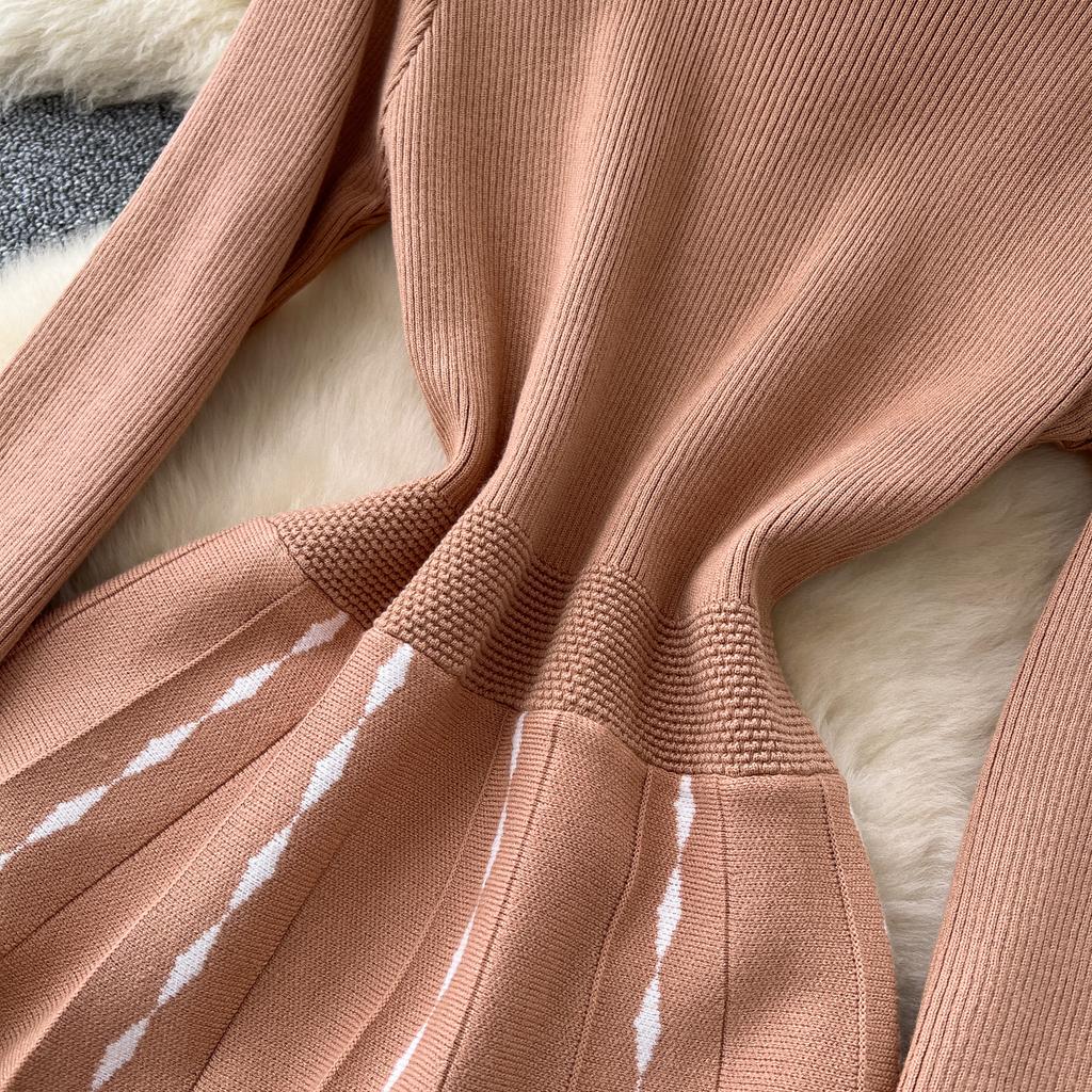 Mode Druck Strickwaren Pulloverkleid Damen Diamanten O-Ausschnitt Elastisches Slim Design 2025 Herbst Warm Französisch OL Lange Kleider