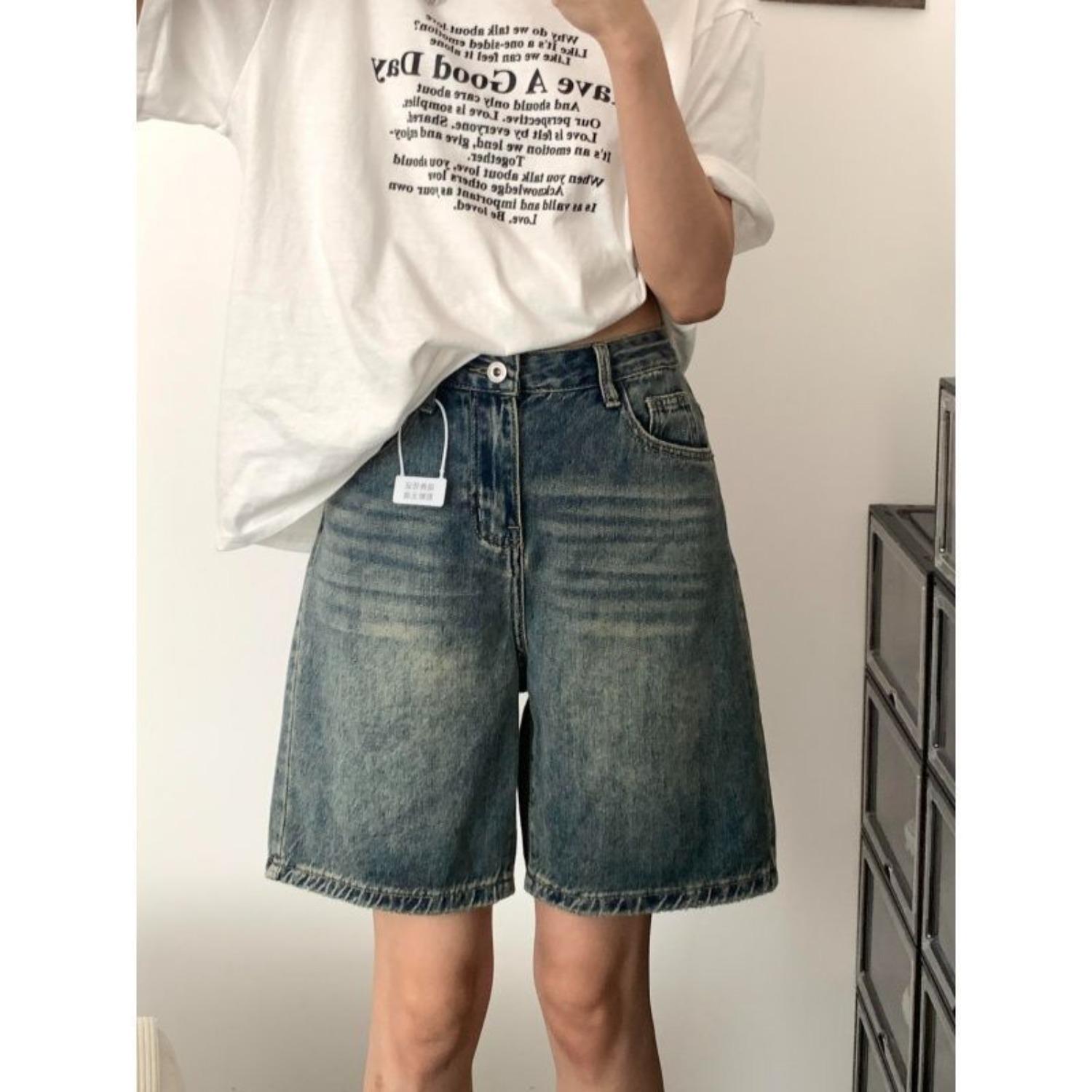 Women s High Rise Loose Fit Straight Leg Denim Shorts Casual Washed Summer Shorts S