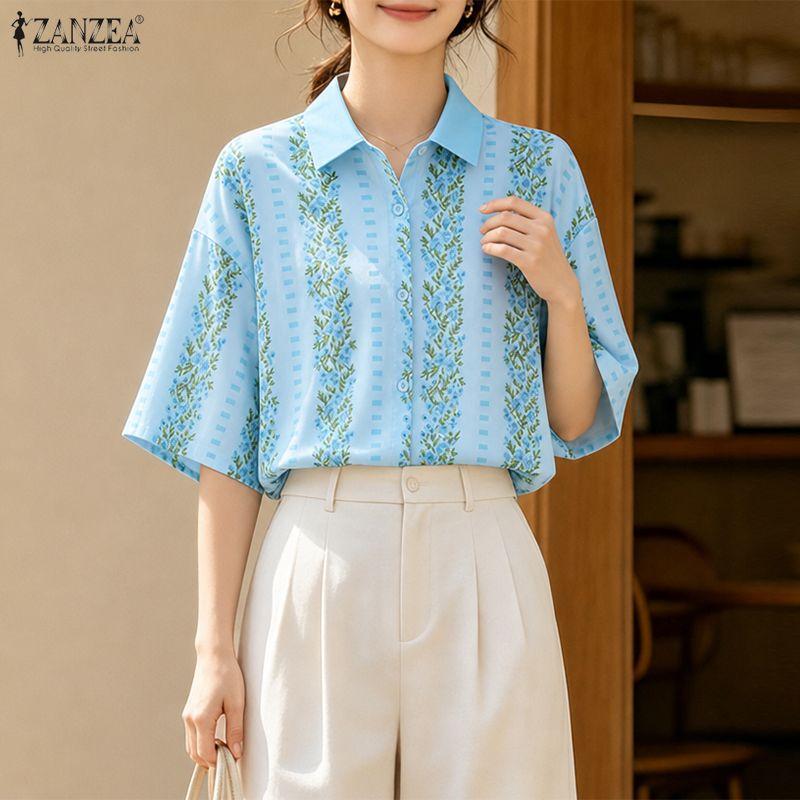 ZANZEA Women Casual Turn Down Collar Loose Half Sleeve Print Blouse