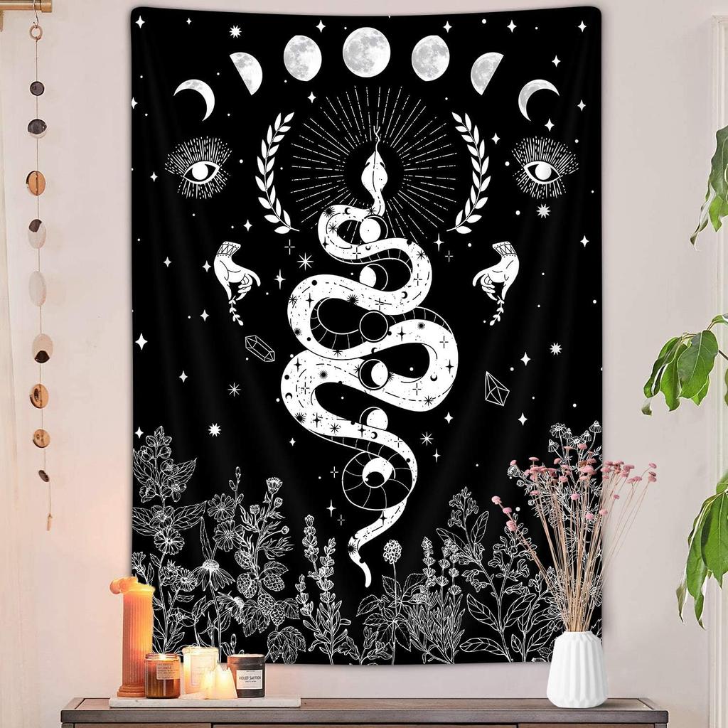 Trippy Witchy Vertical Tapestry, Black and White Moth Floral Moon Tarot Tapestry Wall Hanging for Bedroom, Dark Aesthetic Nature