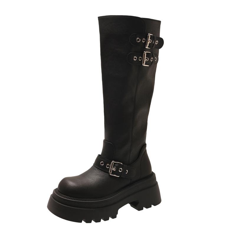 Black boots women's 2025 new spring, autumn and winter thick-soled knee-high knight boots small long boots