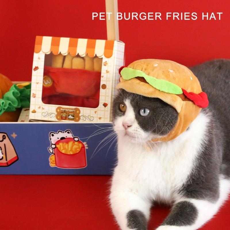 Pet Hamburger/Fries Hat Cartoon Plush Headgear Hat for Cold Weather Soft Dog Costume Hat for Various Breeds Party Props