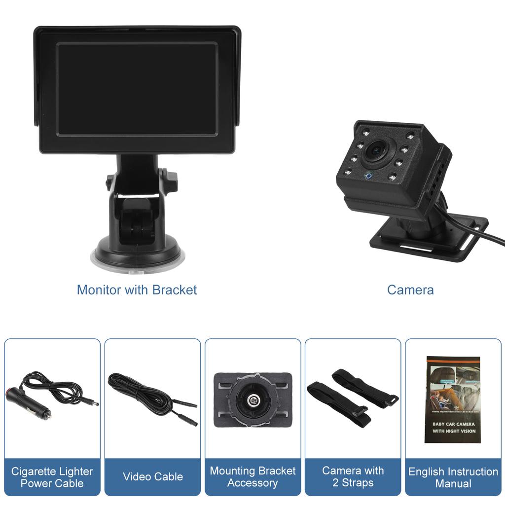 1080P Baby Car Camera, 4.3 Inch Baby Monitor with IR Night Vision and 150 Degrees  Wide Viewing Angle, 360 Degrees