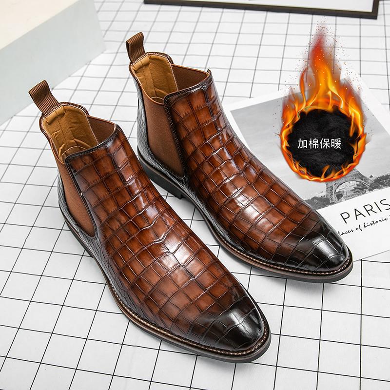 Large Size Leather Boots Crocodile High Top Cotton Shoes Business Leather Shoes Fleece Chelsea Boots