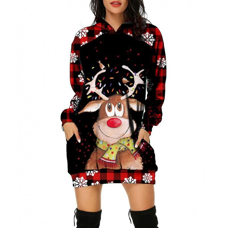 Women‘s Round Neck Long Sleeve Loose Fit Hoodie Dress 3D Print Casual Gown