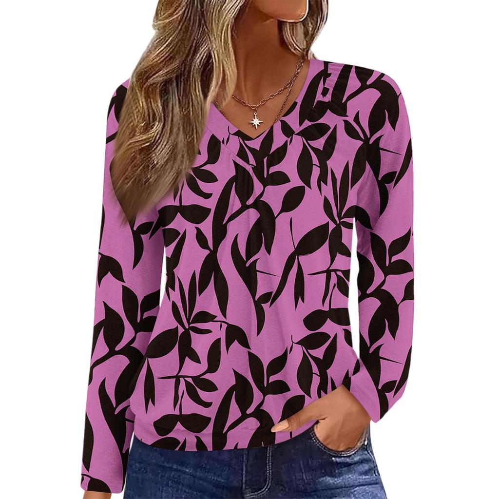 Top Casual de Moda para Mujer con Cuello en V, Manga Larga Raglán Plisada con Estampado Floral