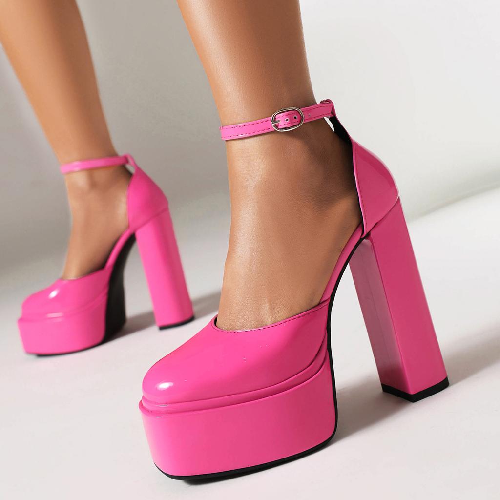 34-48 Verano Cabeza Redonda Tacón Grueso Tacones Súper Altos Boca Ligera Pie Desfile de Moda Talla Grande Zapatos Individuales Mujer