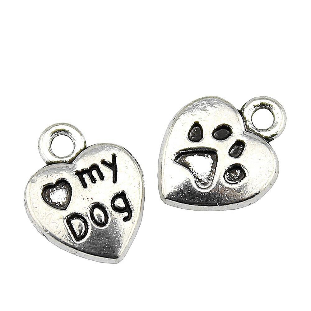 

20 шт., подвески в виде лапы и сердца моей собаки, античное серебро, цвет цинкового сплава, 13х10 мм