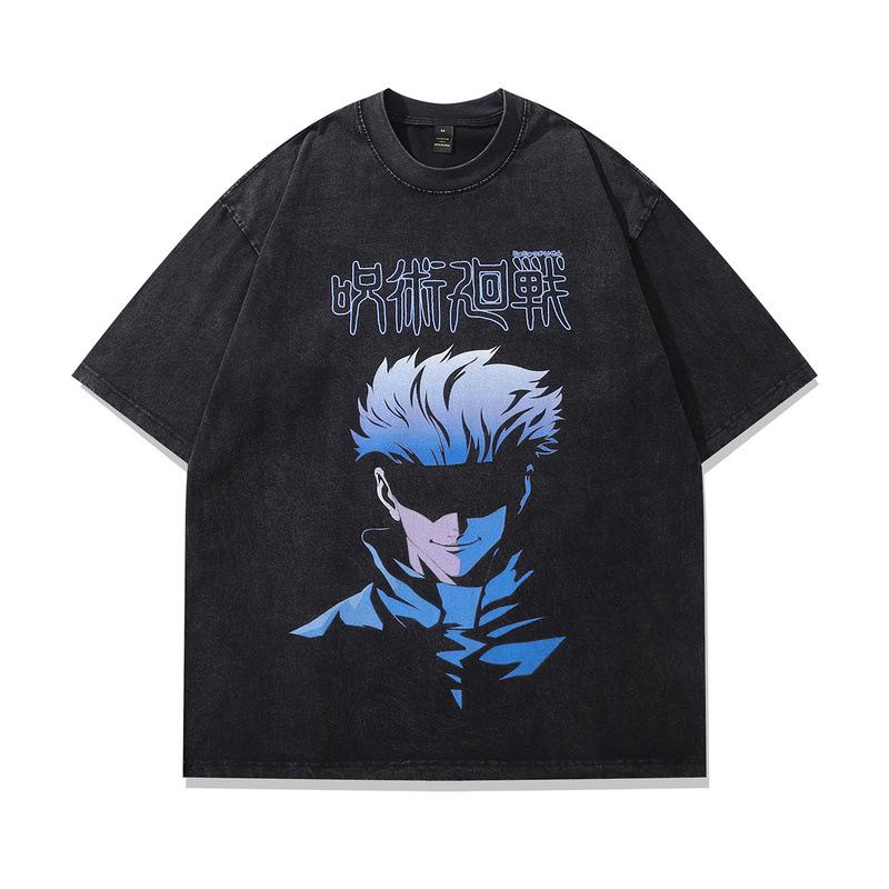 Japanese Trendy Brand Half-Sleeved T-Shirt, Spell Back To Fight, Anime Direct Injection Printing, Washed And Old Loose Short-Sleeved T-Shirt Men