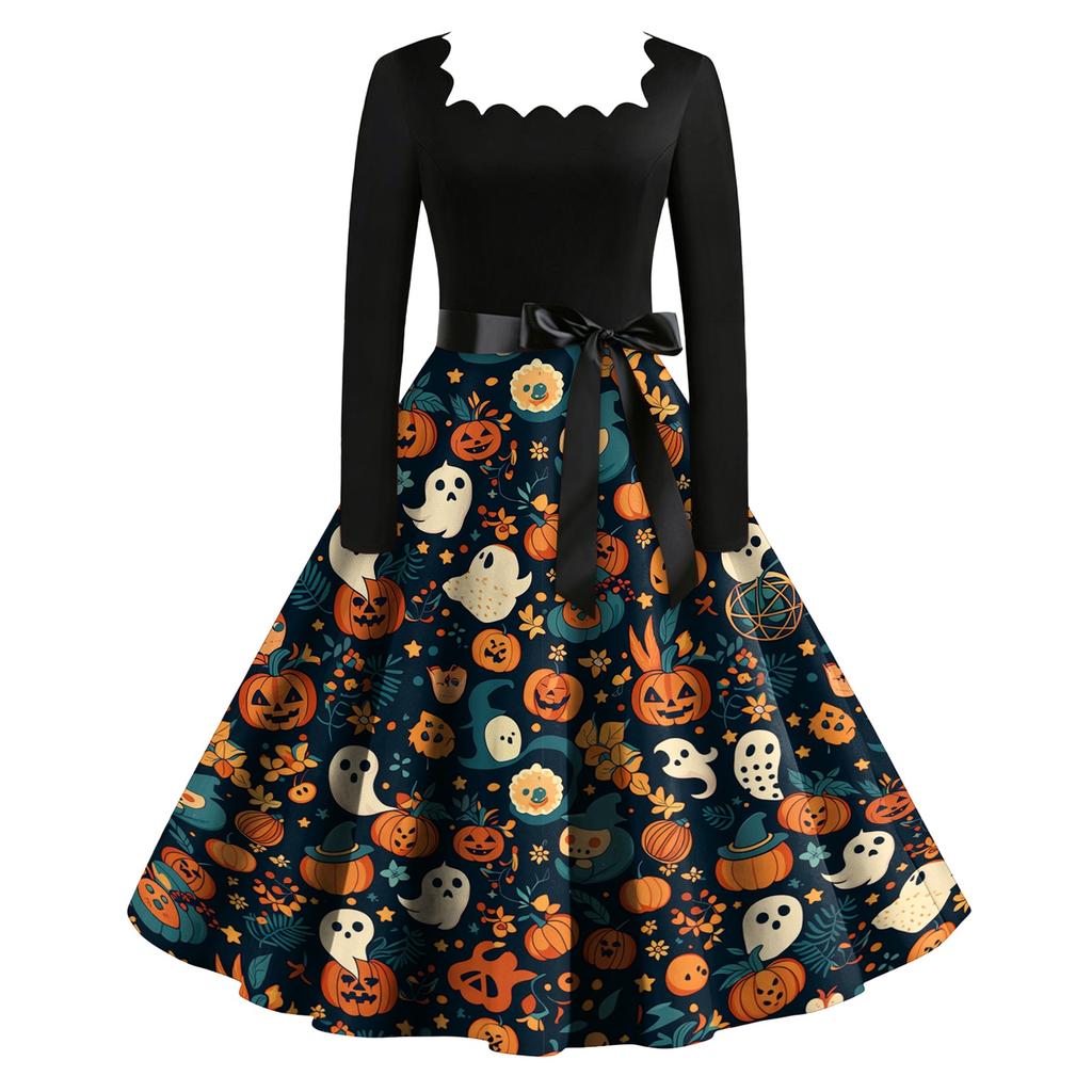 Women's Vintage Long Sleeve Square Neck Party Dress Halloween Printed Full Skirt Midi Dress with Waist Tie Belt Retro Style