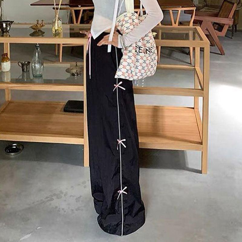 Women's Summer American Y2K Bow Side Stripe Design Lounge Pants - Straight Loose Flared Dance Trousers for Slimming Look