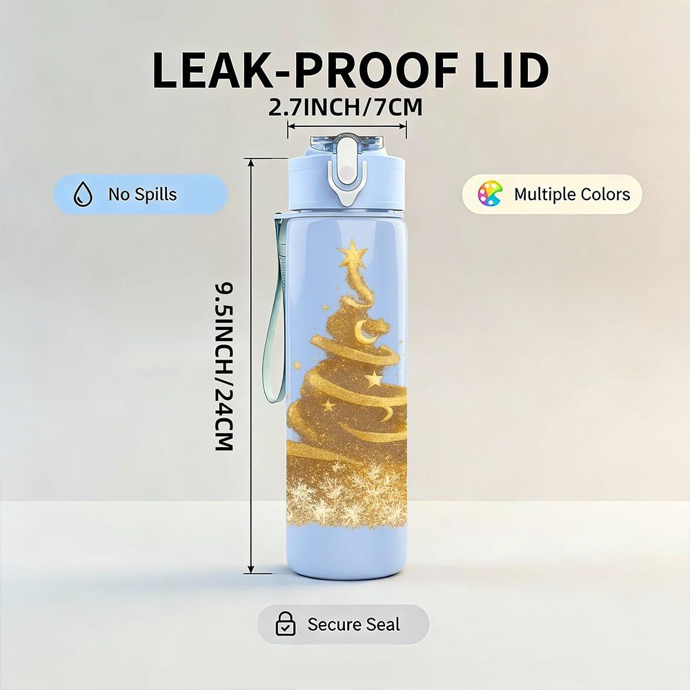 1PC Golden Glitter Christmas Tree Print 750ml Color Plastic Sports Water Bottle Leakproof Flip Straw Lid Suitable for Sports Office Home Use