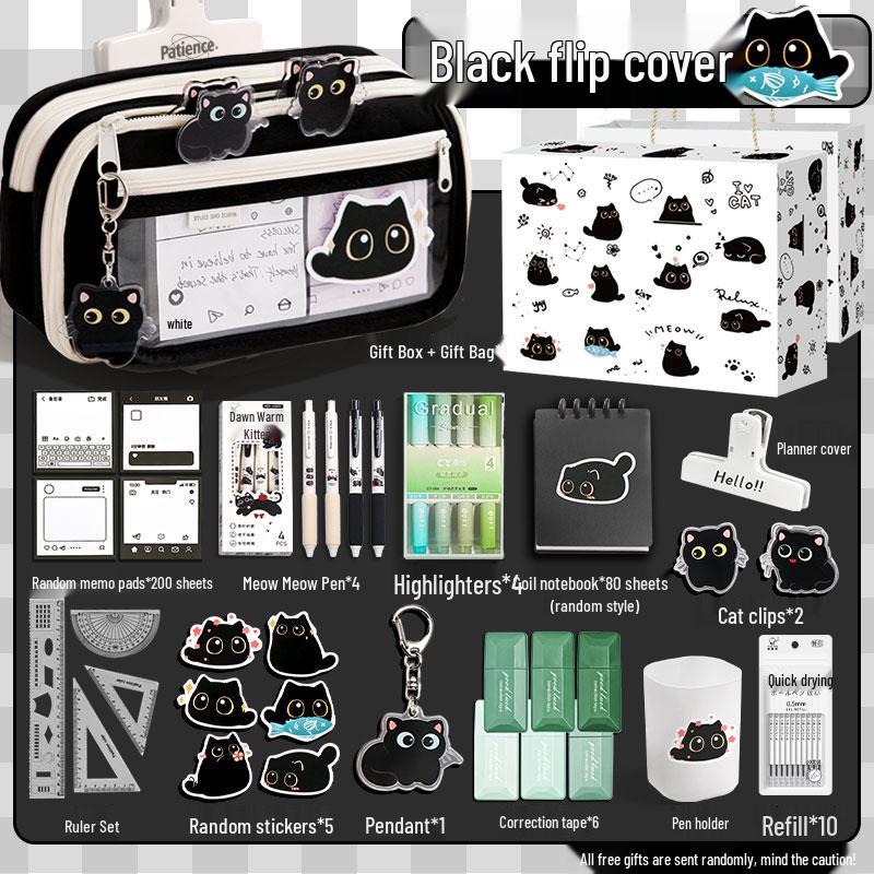 2025 New Little Black Cat Transparent Pencil Case for Girls - Trendy Stationery Box for Elementary, Middle, and High School Students